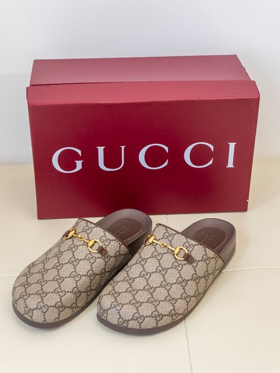 Gucci Shoes - Gucci Brown Monogram Slides with Gold Accent